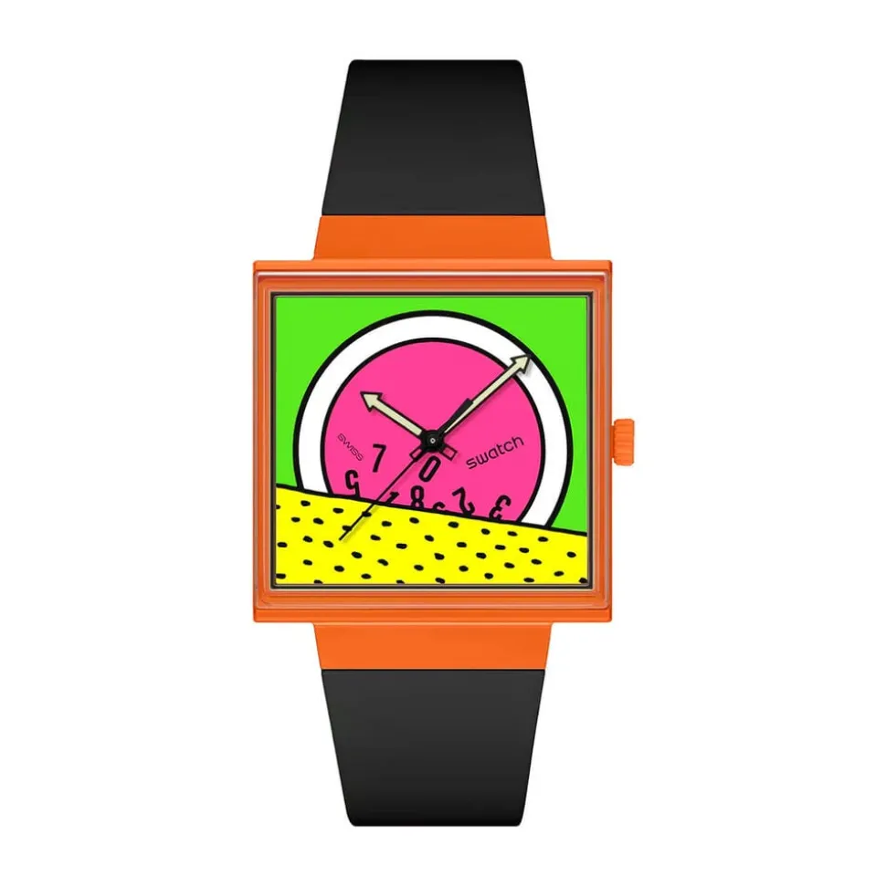 Swatch Break Time 41.8mm Square Multi Colour Dial Black Silicone Strap Watch