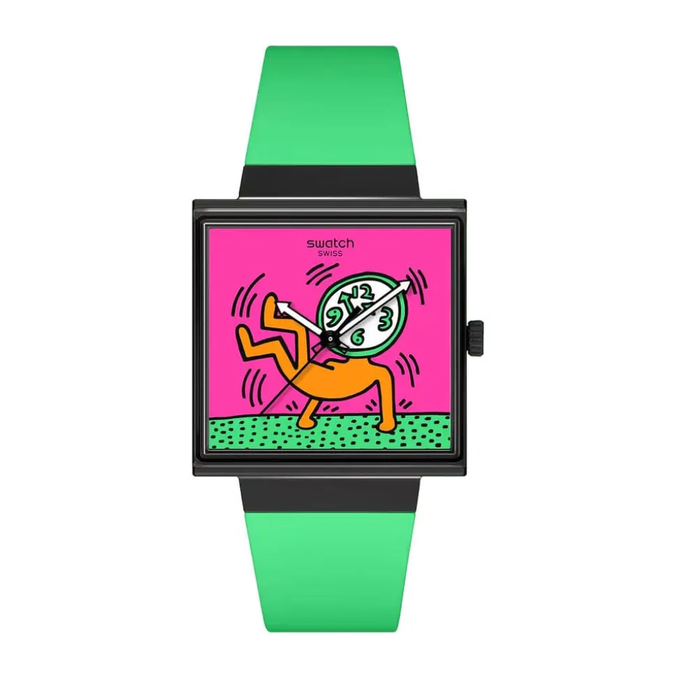 Swatch Break Time 41.8mm Square Multi Colour Dial Green Silicone Strap Watch