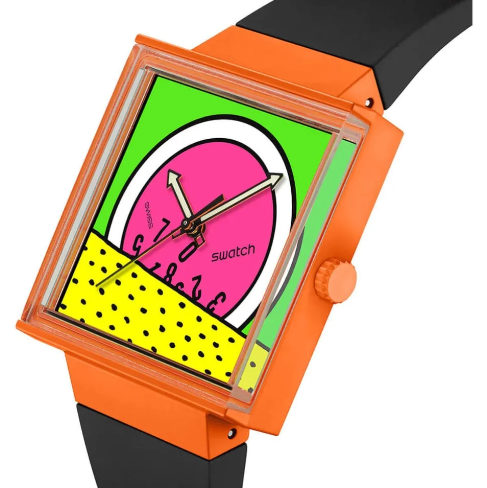 Swatch Break Time 41.8mm Square Multi Colour Dial Black Silicone Strap Watch