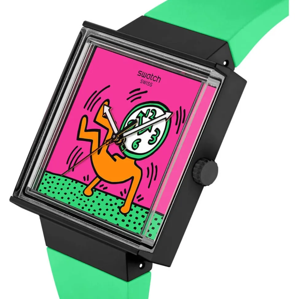Swatch Break Time 41.8mm Square Multi Colour Dial Green Silicone Strap Watch