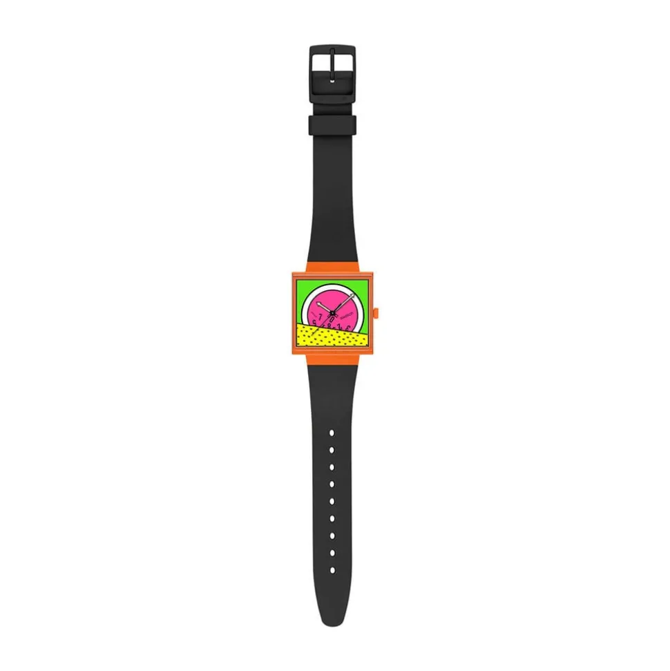 Swatch Break Time 41.8mm Square Multi Colour Dial Black Silicone Strap Watch