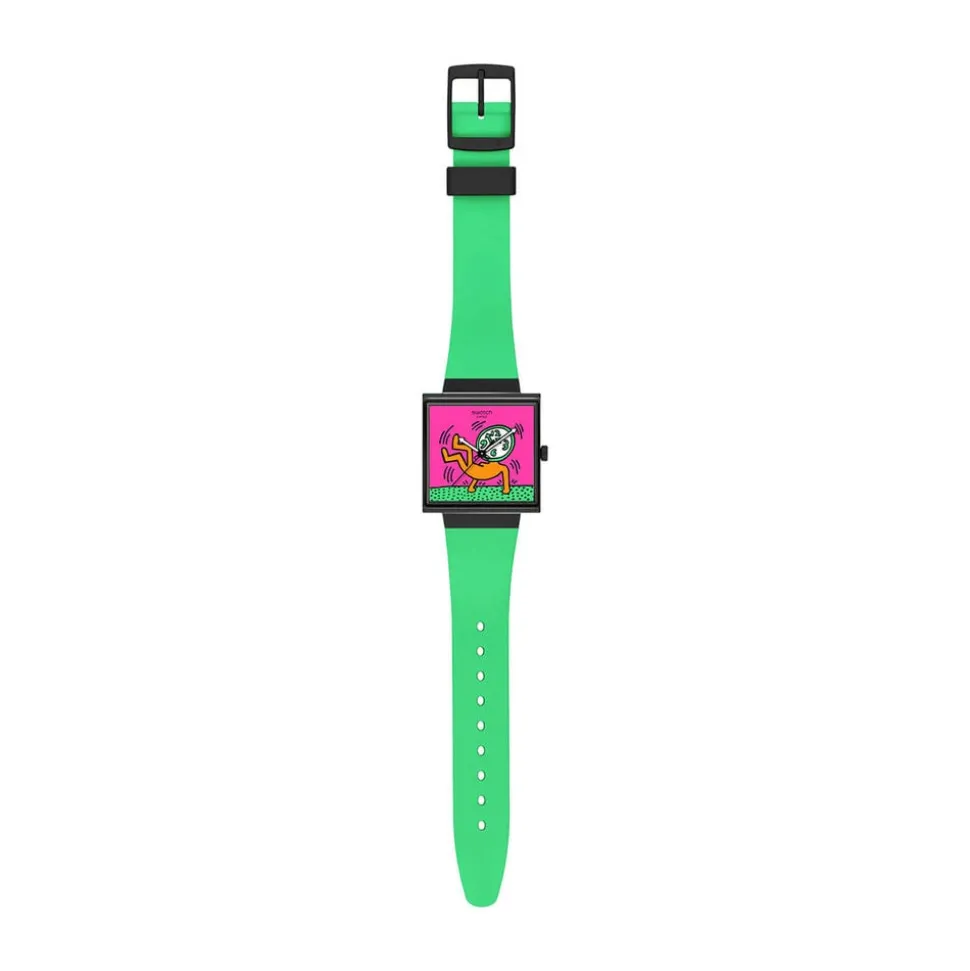 Swatch Break Time 41.8mm Square Multi Colour Dial Green Silicone Strap Watch