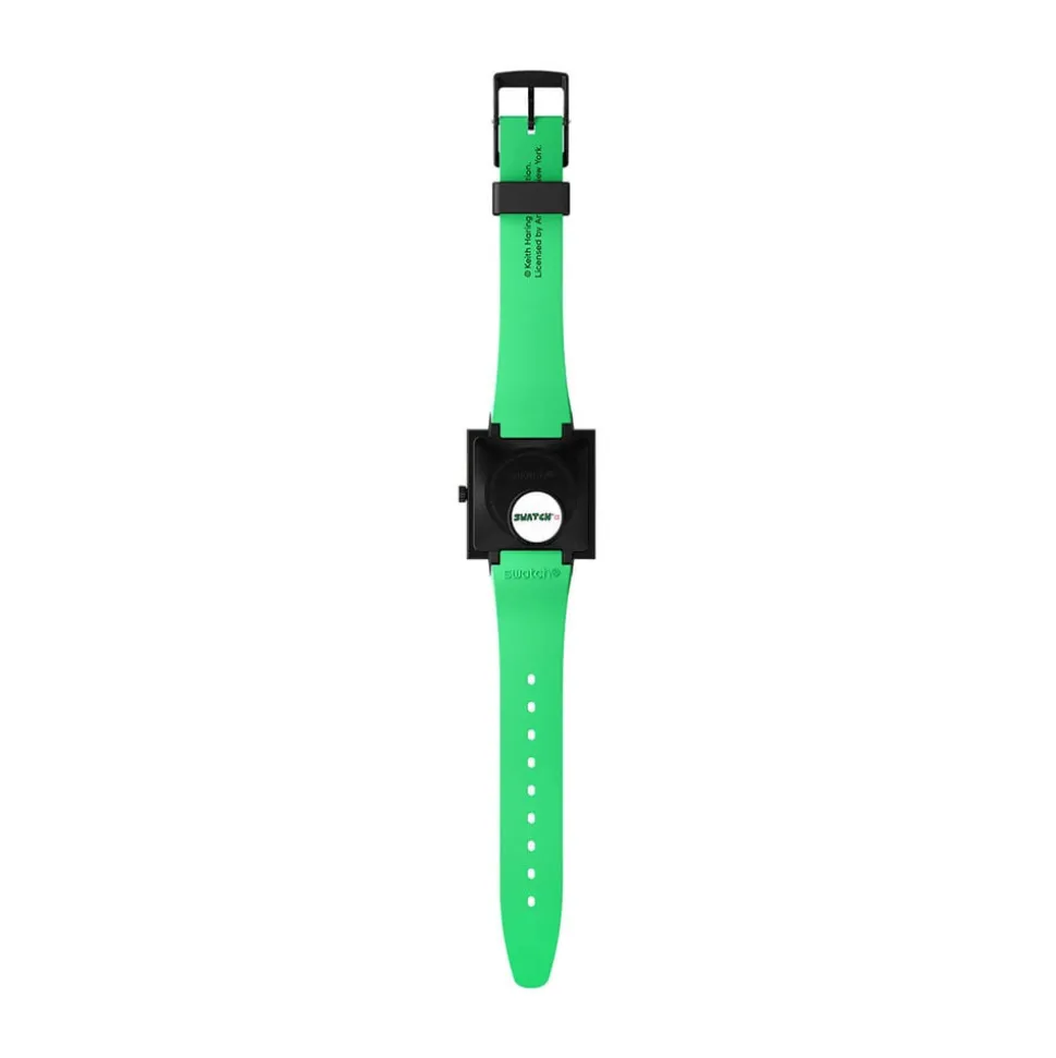 Swatch Break Time 41.8mm Square Multi Colour Dial Green Silicone Strap Watch