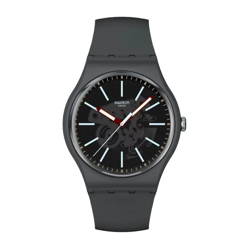 Swatch Coblestone Street 41mm Black Dial Silicone Strap Watch