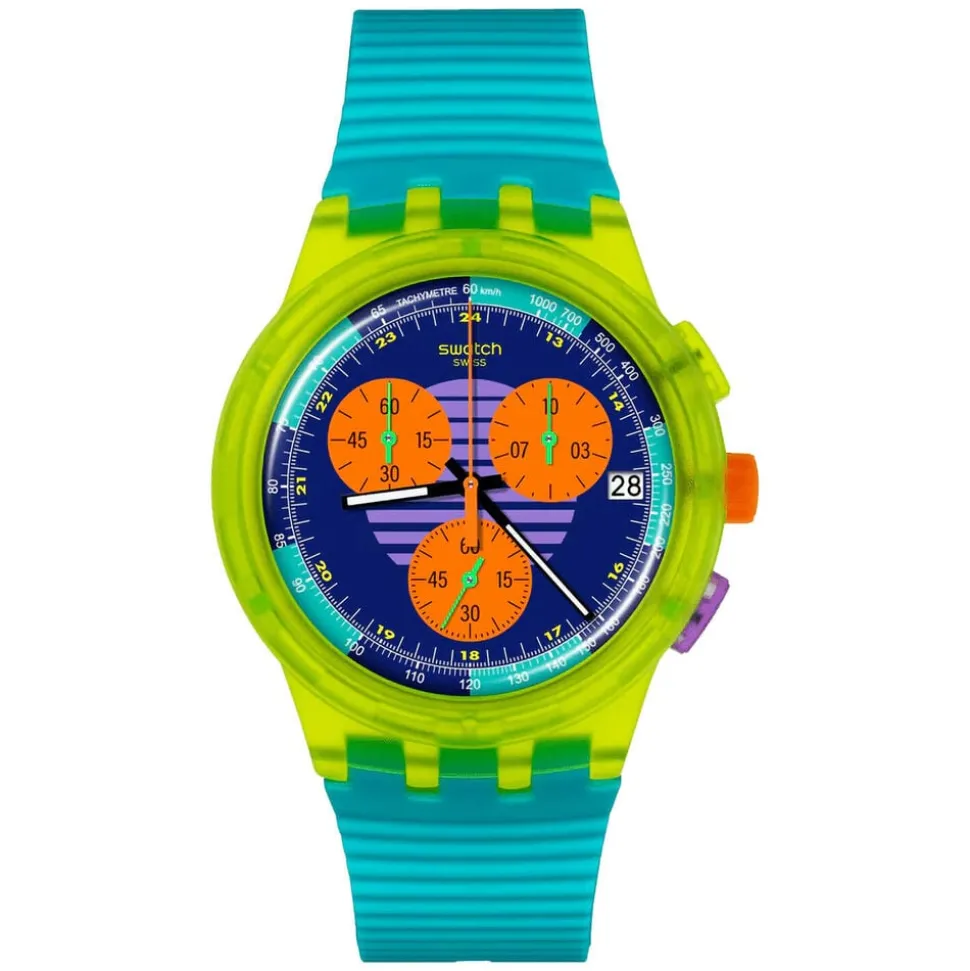 Swatch Neon Wave Chronograph 42mm Multi-Coloured Dial Blue Silicone Strap Watch