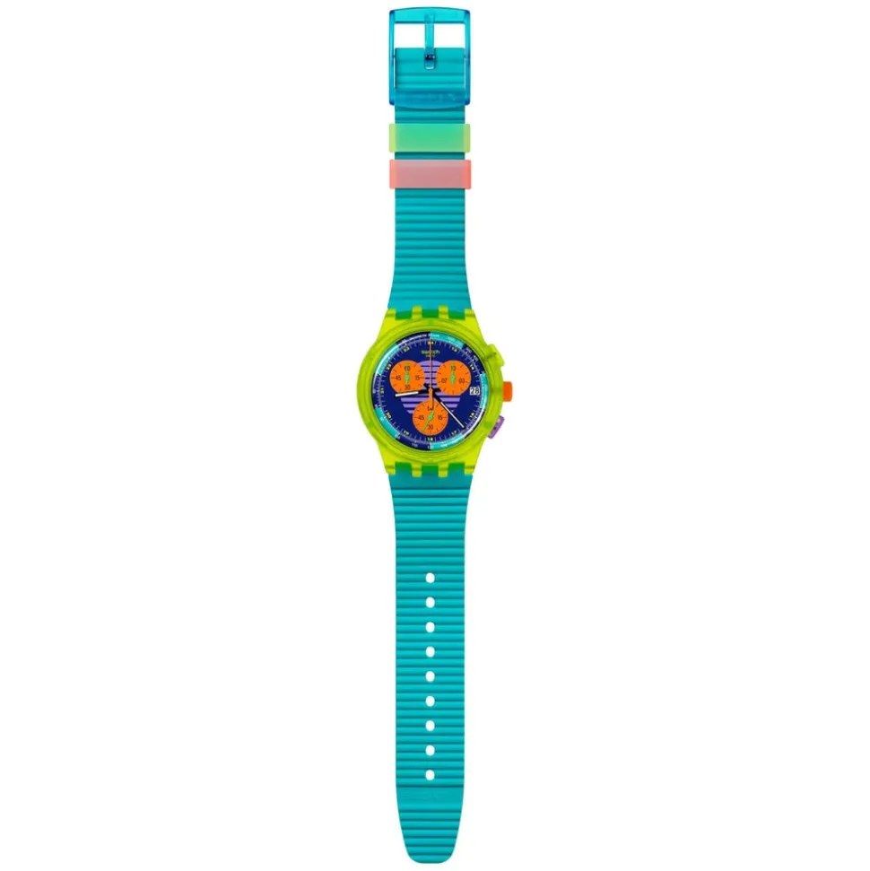 Swatch Neon Wave Chronograph 42mm Multi-Coloured Dial Blue Silicone Strap Watch