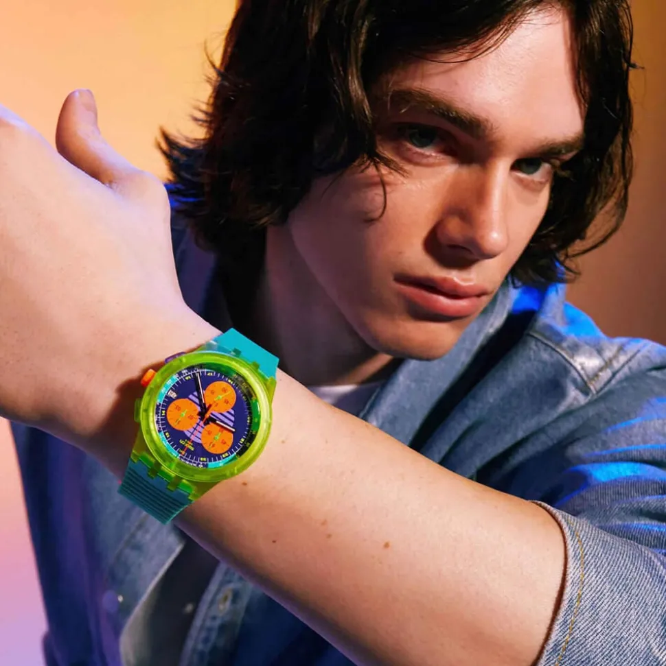 Swatch Neon Wave Chronograph 42mm Multi-Coloured Dial Blue Silicone Strap Watch