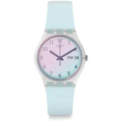 Swatch Ultraceil 34mm White Case Pink Dial Blue Silicone Strap Ladies Watch