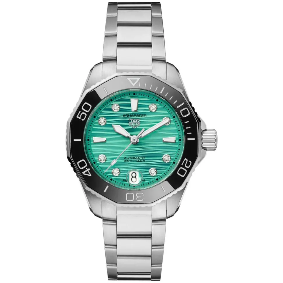 TAG Heuer Aquaracer Professional 300 Date 36mm Turqoise Dial Diamond Dots Rubber Strap Watch