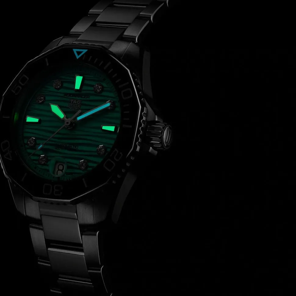 TAG Heuer Aquaracer Professional 300 Date 36mm Turqoise Dial Diamond Dots Rubber Strap Watch