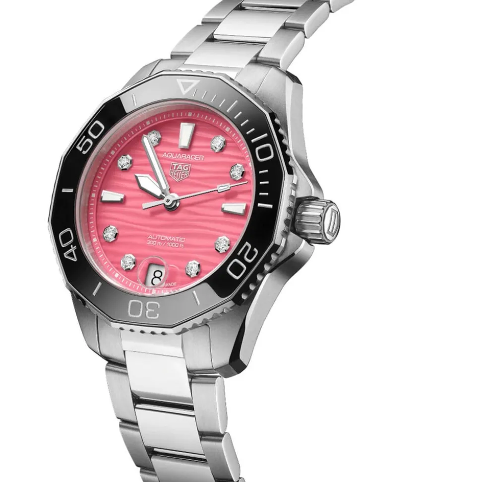 TAG Heuer Aquaracer Professional 300 Date 36mm Pink Dial Diamond Dots Rubber Strap Watch
