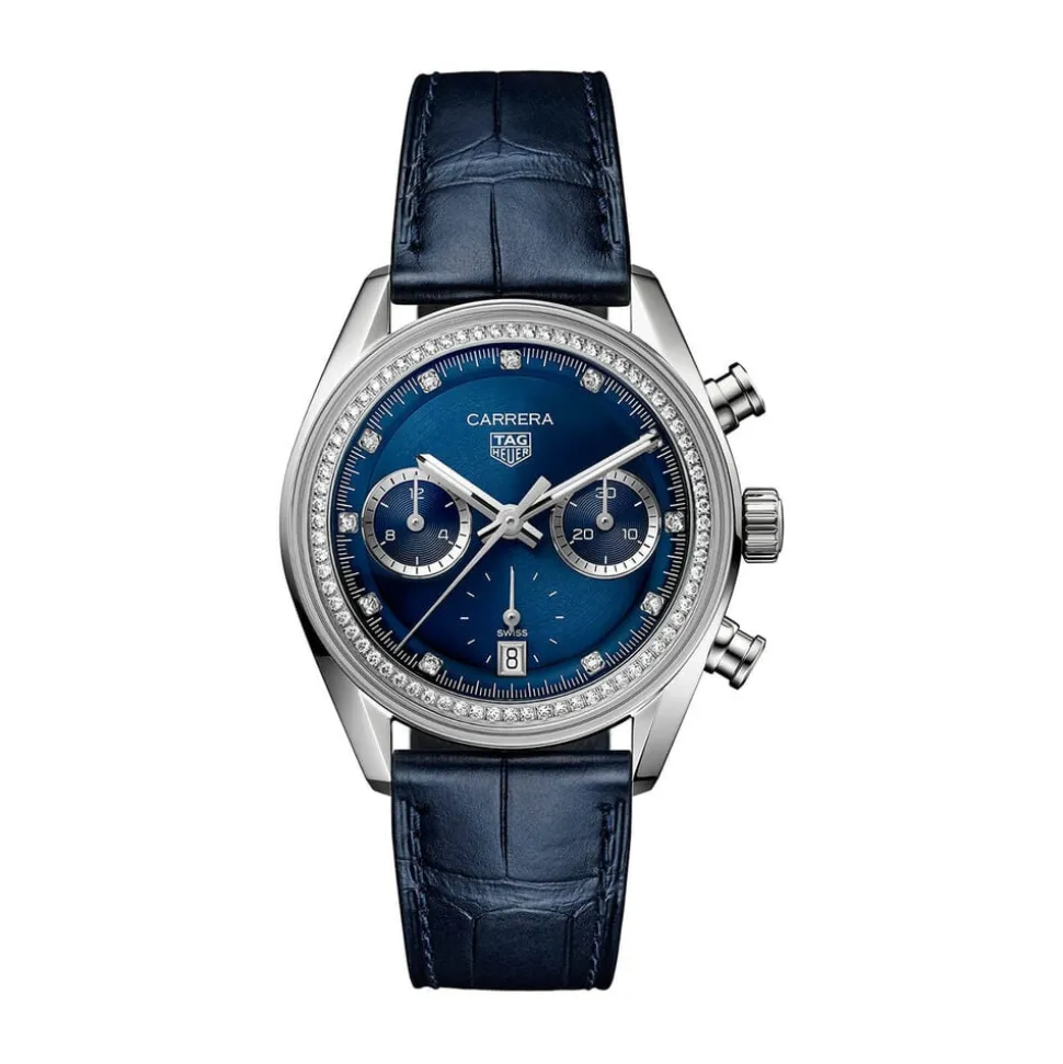 TAG Heuer Carrera Chronograph 39mm Blue Dial Diamond Dots Leather Strap Watch