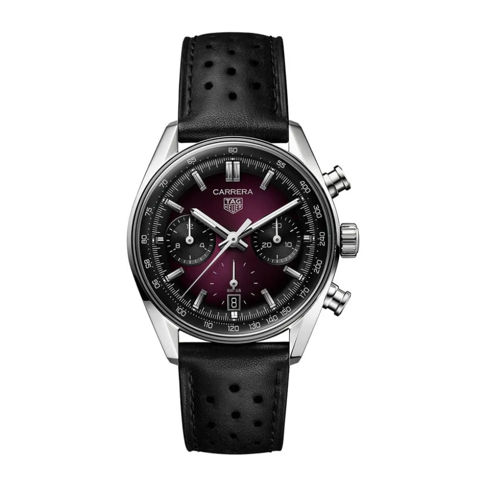 TAG Heuer Carrera Chronograph 39mm Purple Dial Black Leather Strap Watch