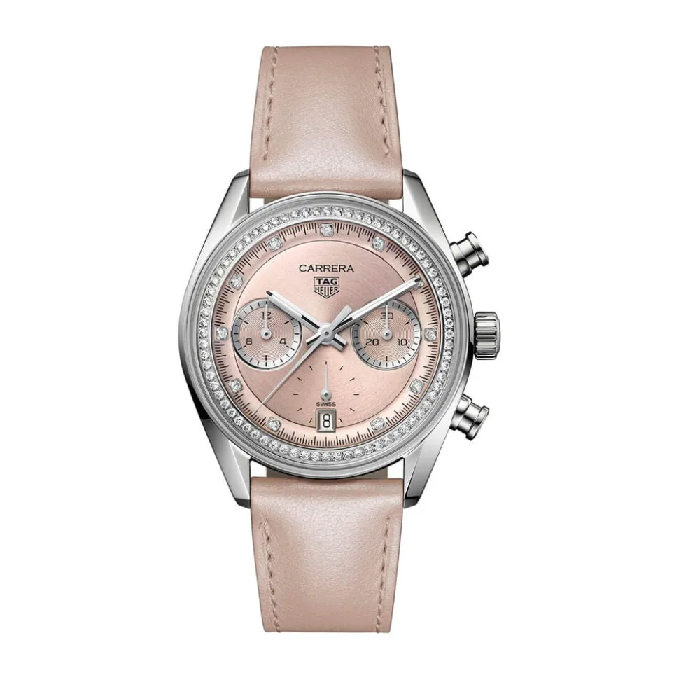 TAG Heuer Carrera Chronograph 39mm Pink Dial Diamond Dots Leather Strap Watch