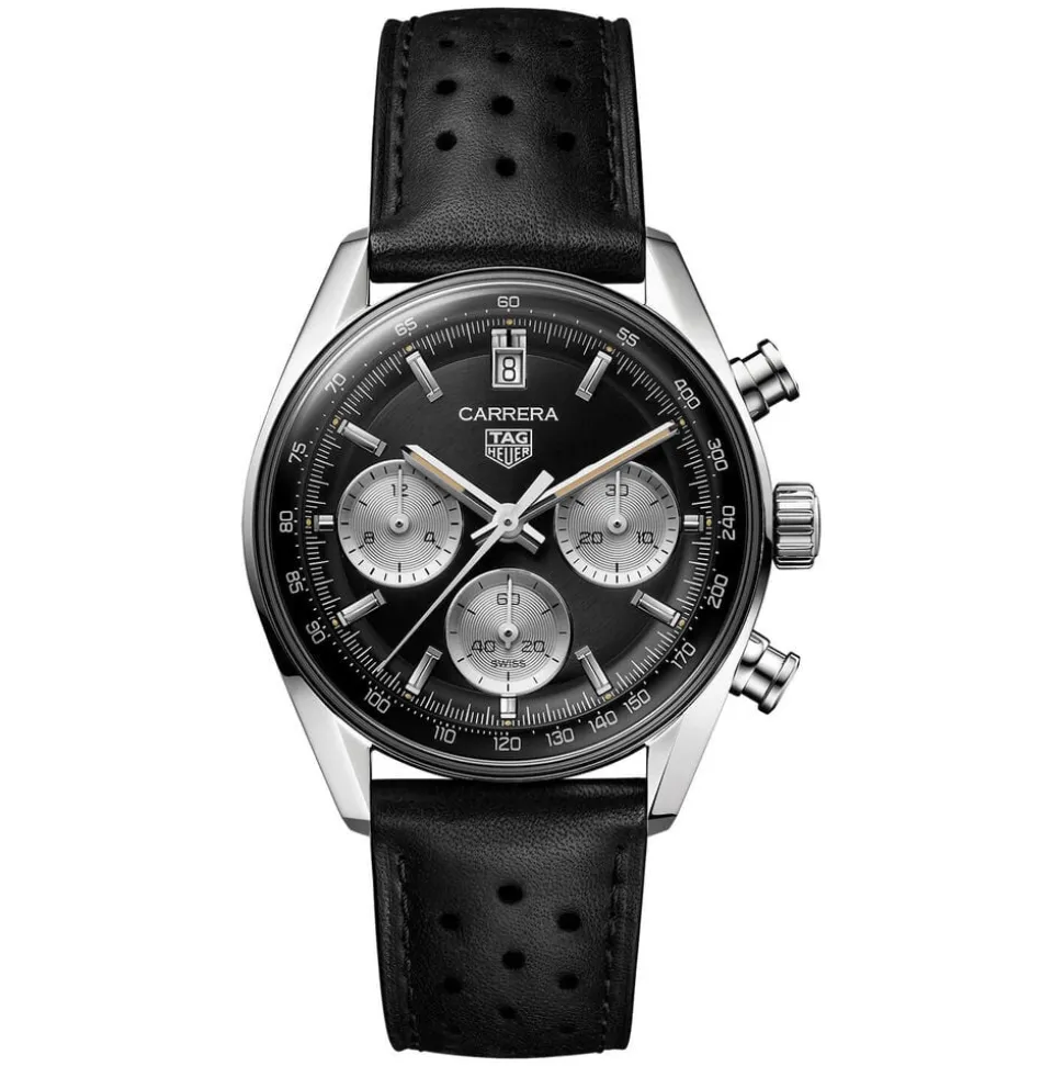 TAG Heuer Carrera Chronograph 39mm Black Dial Leather Strap Watch