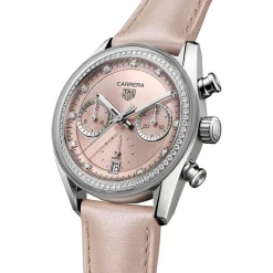 TAG Heuer Carrera Chronograph 39mm Pink Dial Diamond Dots Leather Strap Watch