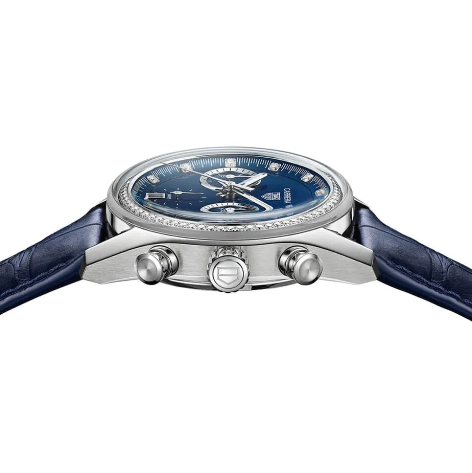 TAG Heuer Carrera Chronograph 39mm Blue Dial Diamond Dots Leather Strap Watch
