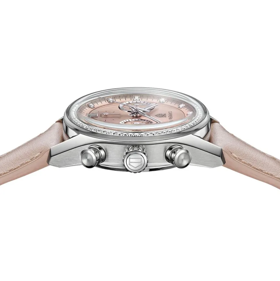 TAG Heuer Carrera Chronograph 39mm Pink Dial Diamond Dots Leather Strap Watch