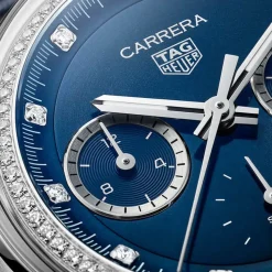 TAG Heuer Carrera Chronograph 39mm Blue Dial Diamond Dots Leather Strap Watch