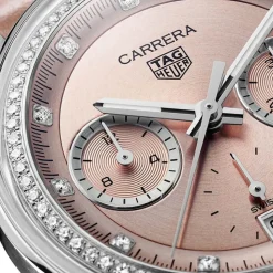 TAG Heuer Carrera Chronograph 39mm Pink Dial Diamond Dots Leather Strap Watch
