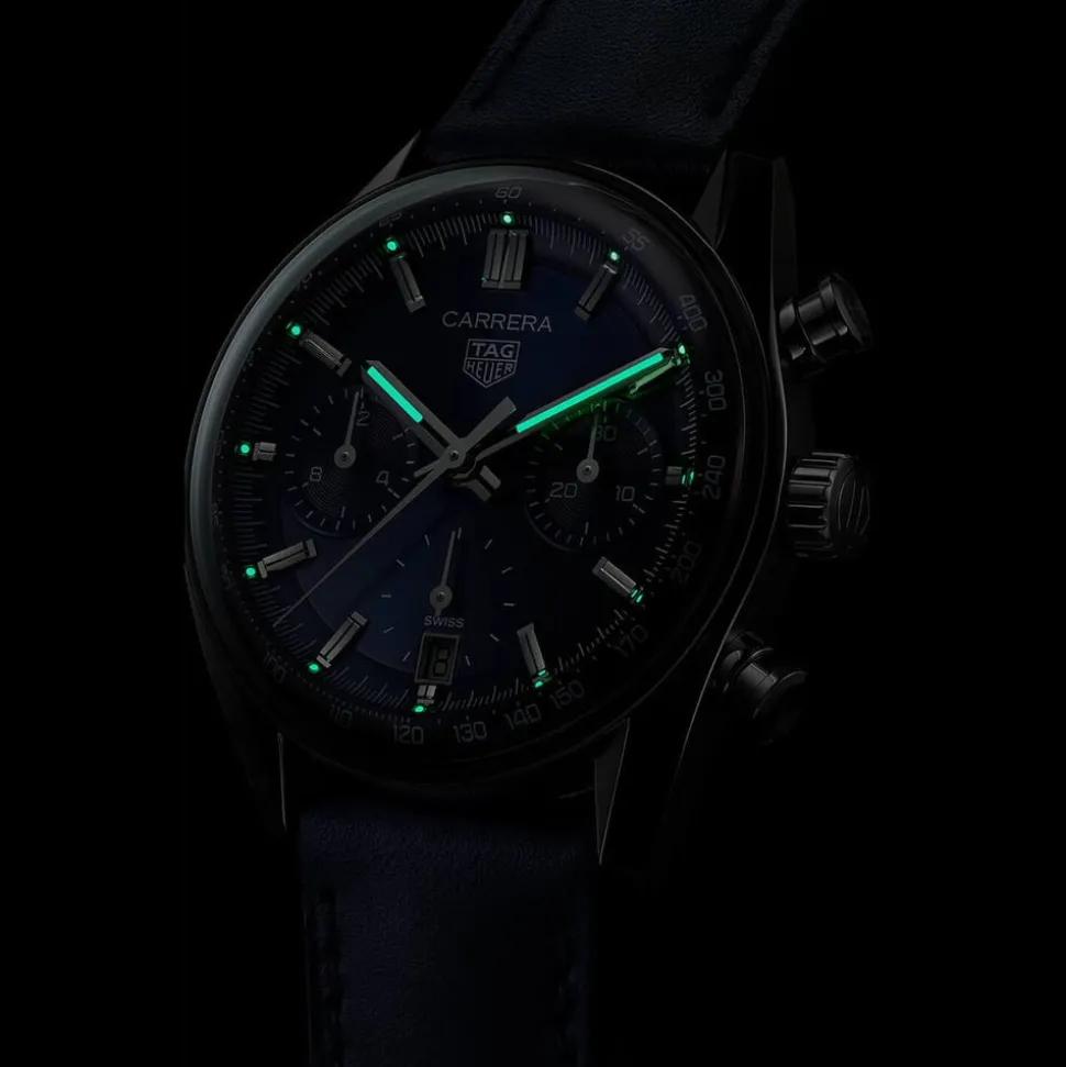 TAG Heuer Carrera Chronograph 39mm Blue Dial Leather Strap Watch
