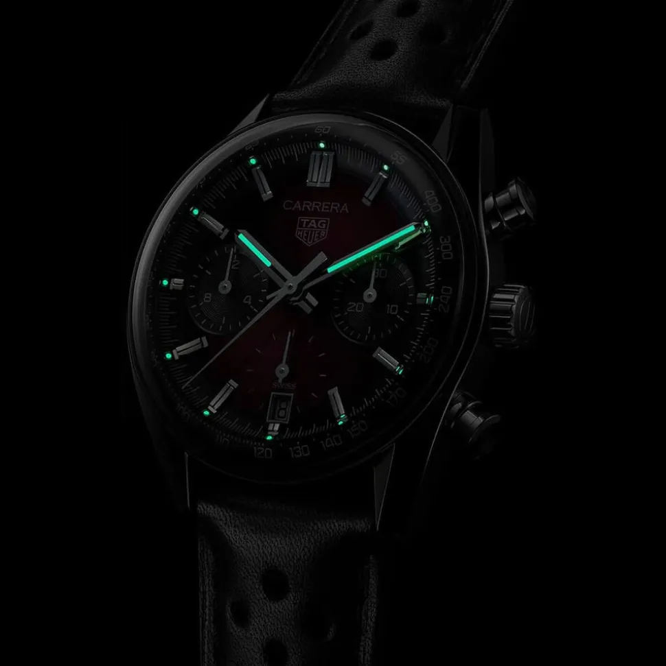 TAG Heuer Carrera Chronograph 39mm Purple Dial Black Leather Strap Watch