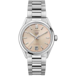 TAG Heuer Carrera Date 36mm Pink Dial Diamond Bezel Stainless Steel Bracelet Watch