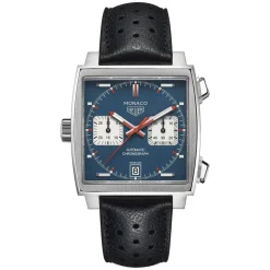 TAG Heuer Monaco Chronograph 39mm Blue Dial Black Leather Strap Watch