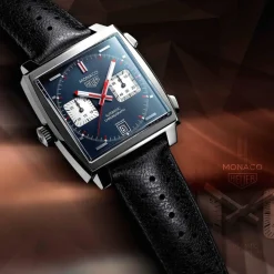 TAG Heuer Monaco Chronograph 39mm Blue Dial Black Leather Strap Watch