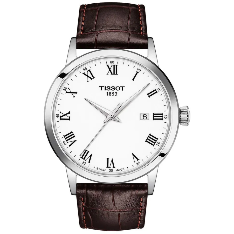 Tissot Classic Dream 42mm White Dial Roman Numerals Steel Case Brown Strap Watch