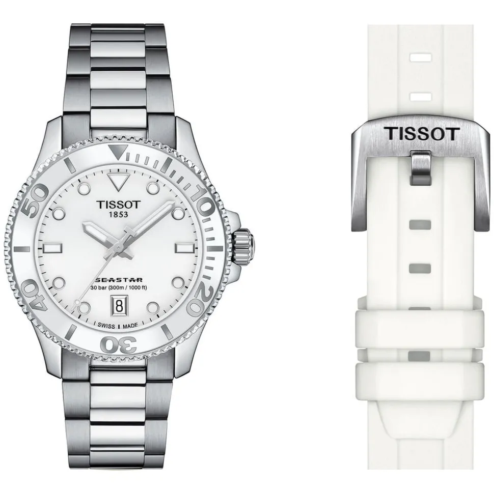 Tissot Seastar 1000 35.5mm Quartz White Dial Steel Case Steel & White Rubber Bracelet Set Watch