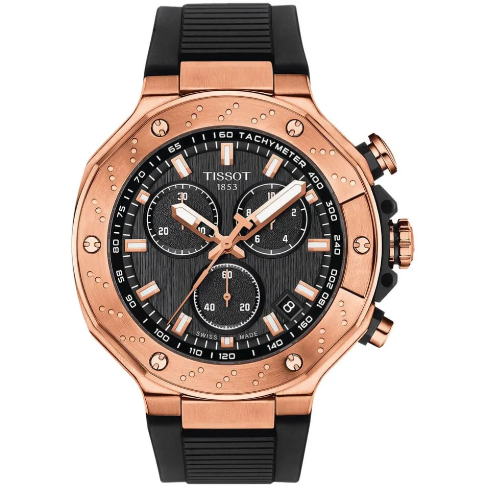 Tissot T-Race 45mm Black Chrono Dial Rose Gold Case Black Strap Watch