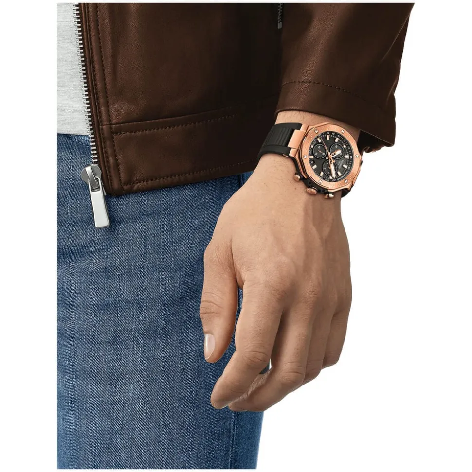 Tissot T-Race 45mm Black Chrono Dial Rose Gold Case Black Strap Watch