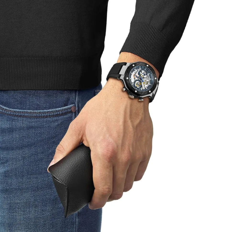 Tissot T-Race MotoGP Automatic Chronograph 45mm Transparent Dial Black Rubber Strap Watch