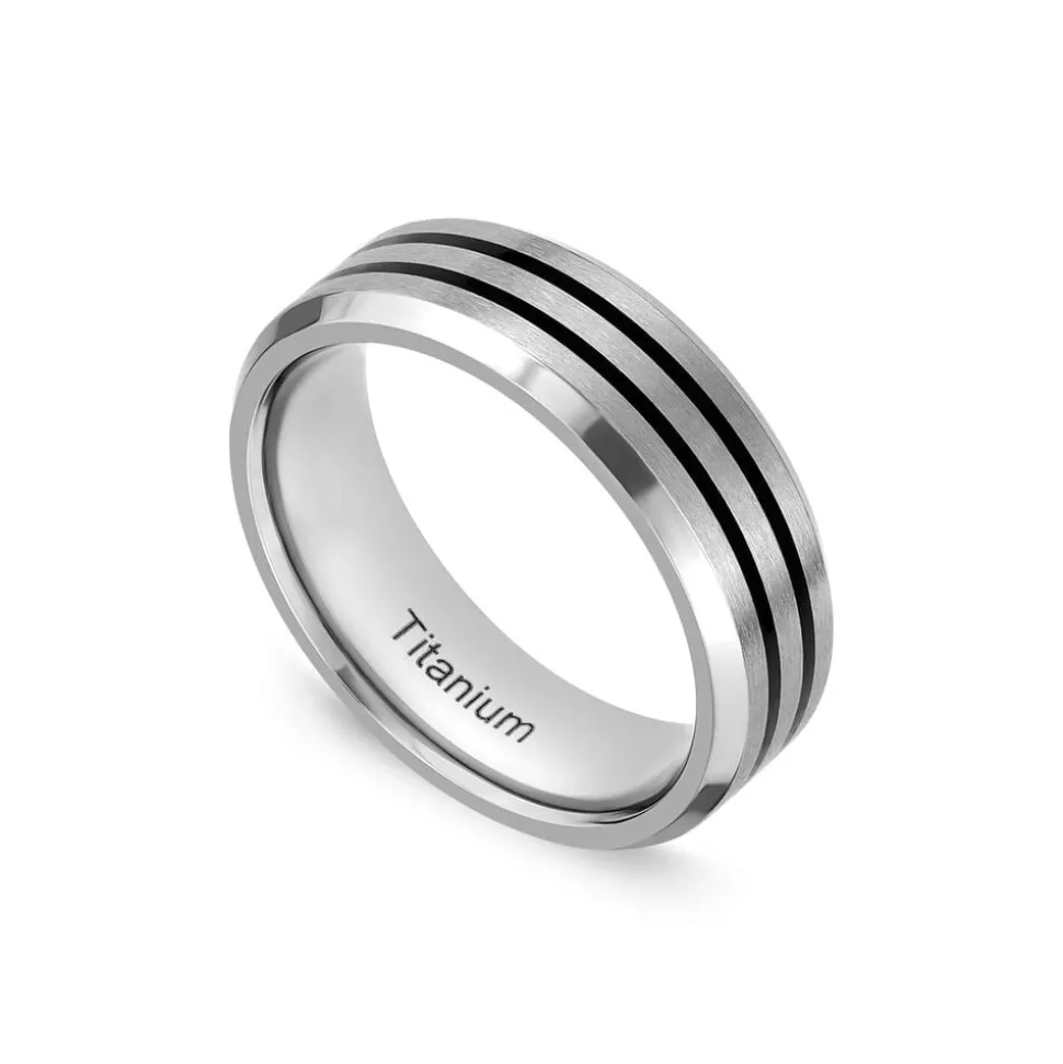 Titanium Centre Black Double Stripe Band Ring