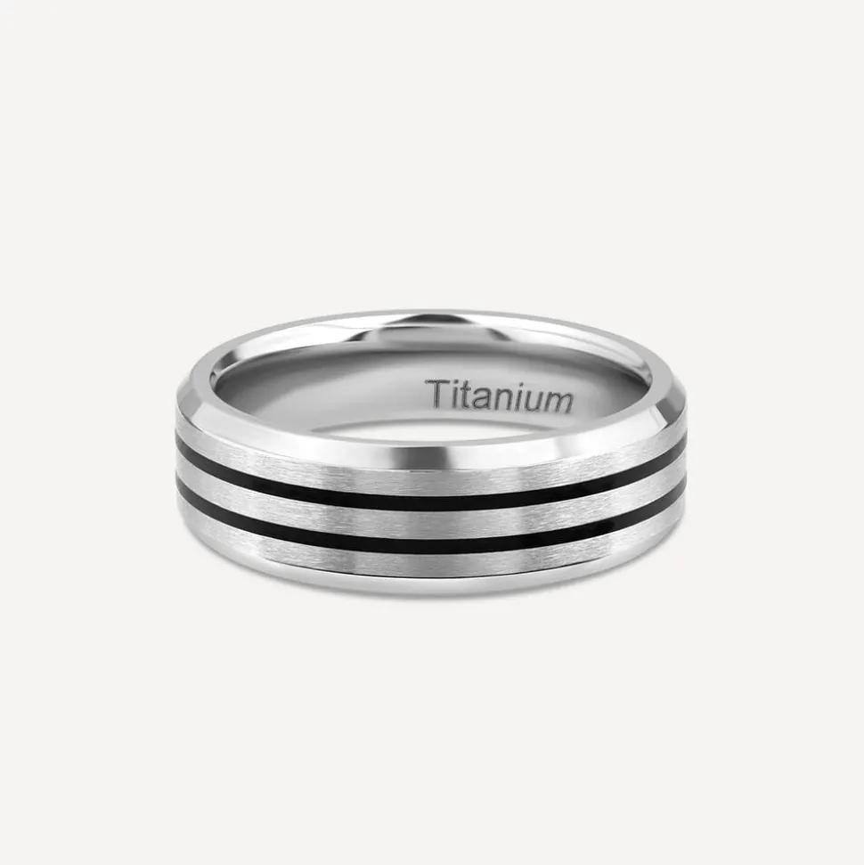 Titanium Centre Black Double Stripe Band Ring