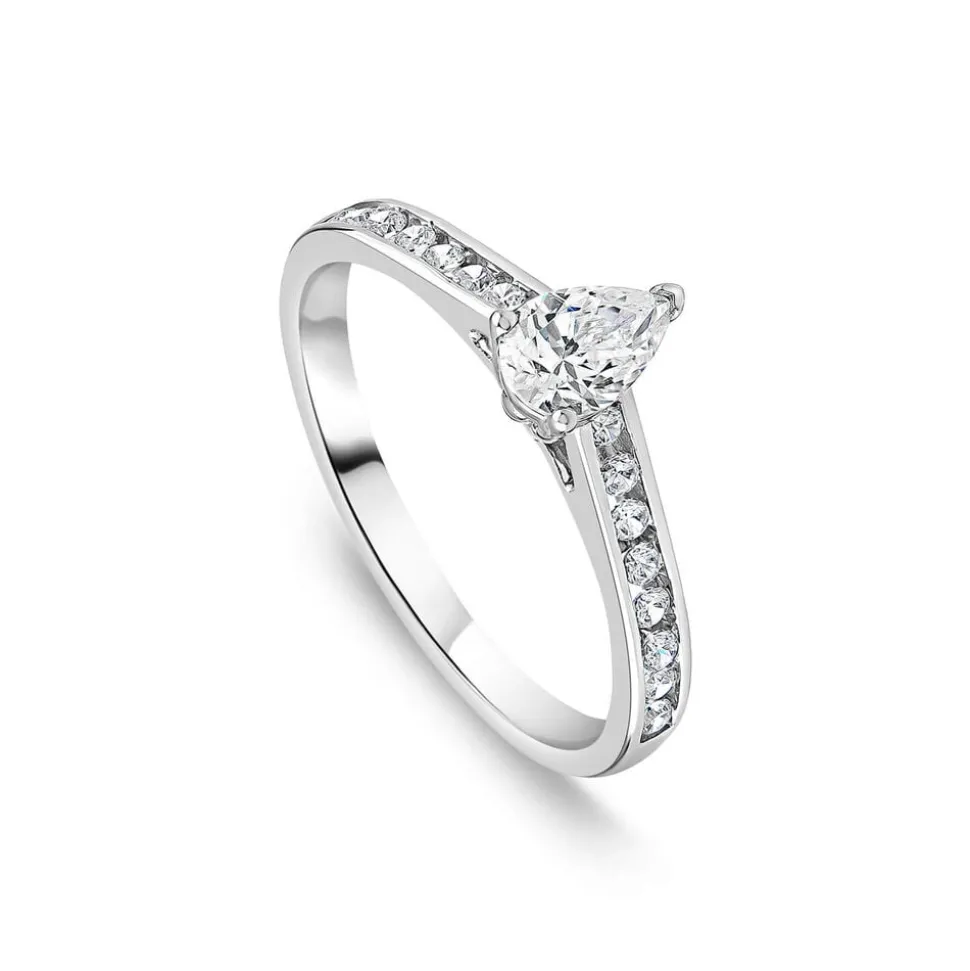 Tulip Setting 18ct White Gold 0.50ct Pear Solitaire & Channel Shoulders Diamond Ring