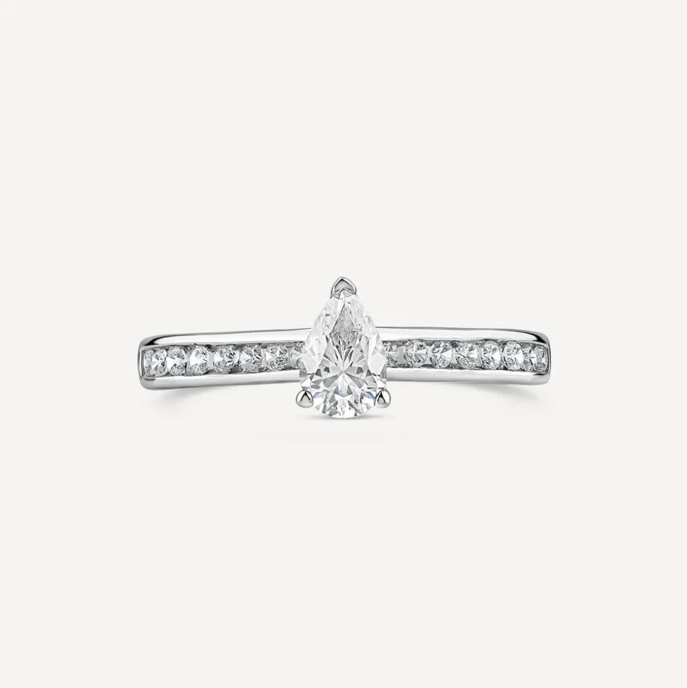 Tulip Setting 18ct White Gold 0.50ct Pear Solitaire & Channel Shoulders Diamond Ring