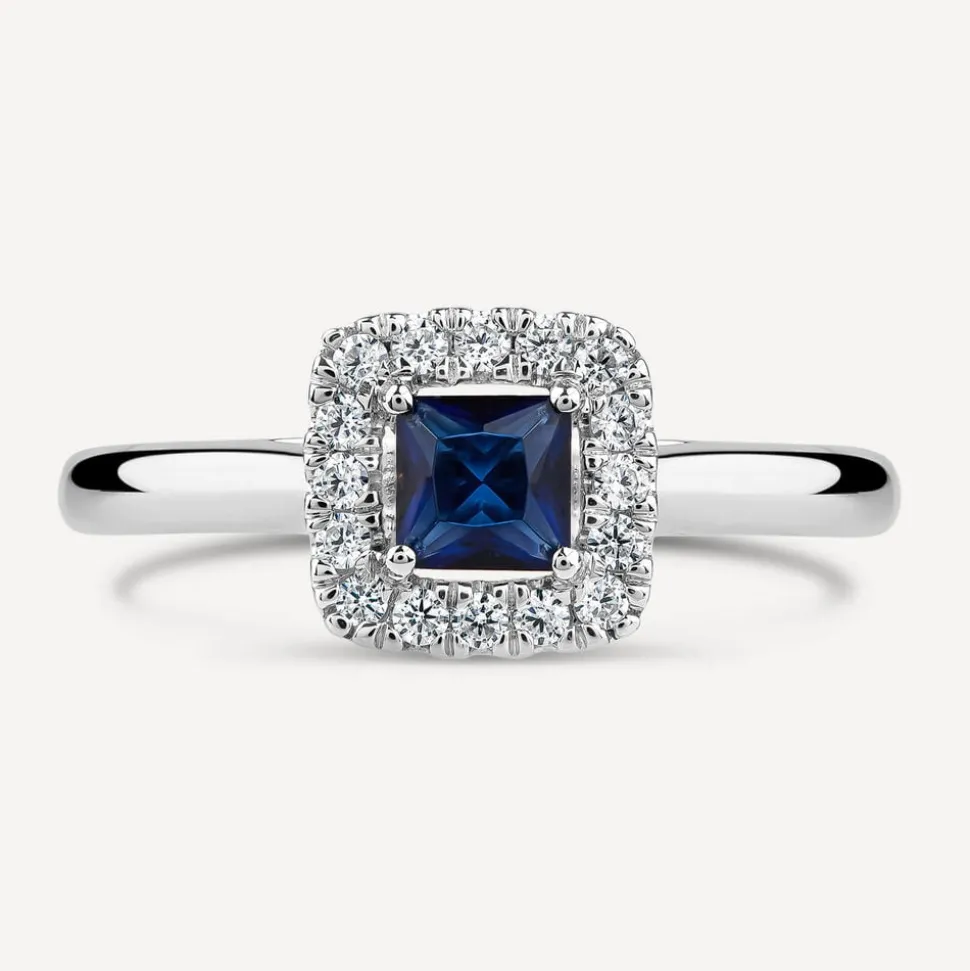 Tulip Setting 18ct White Gold Princess Sapphire & 0.15ct Diamond Halo Ring
