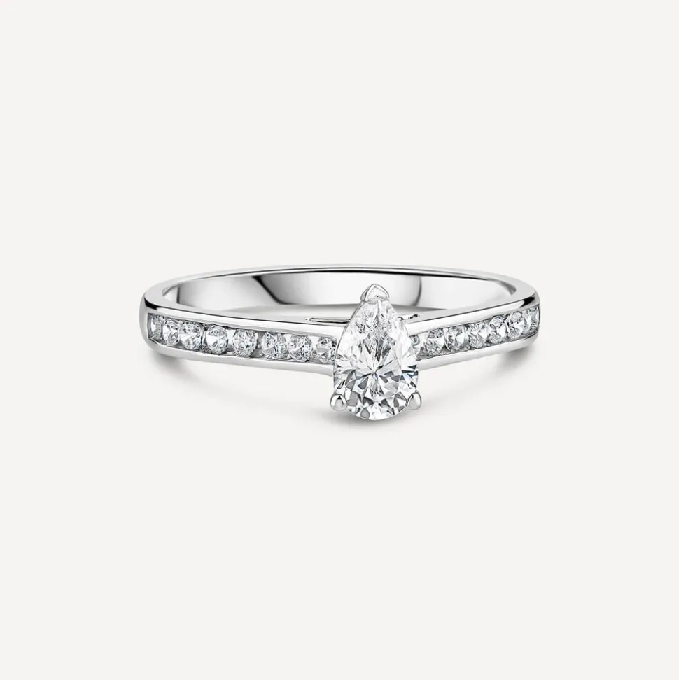 Tulip Setting 18ct White Gold 0.50ct Pear Solitaire & Channel Shoulders Diamond Ring