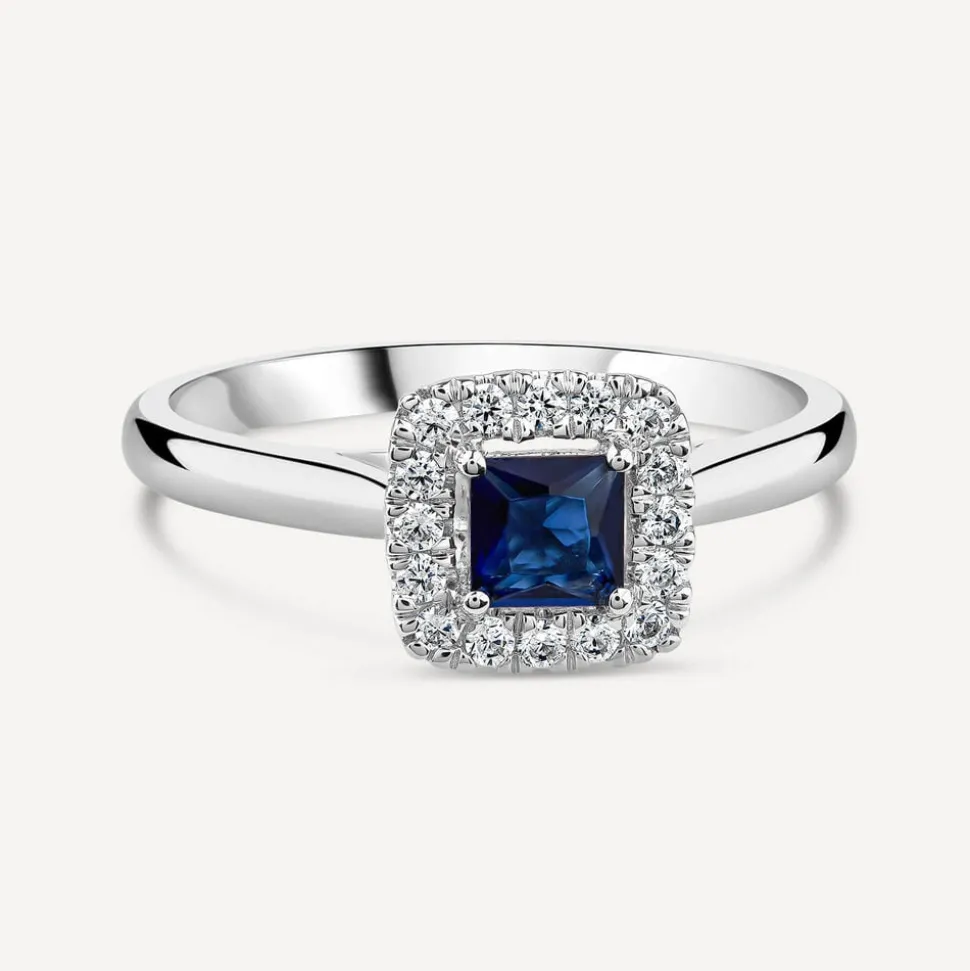 Tulip Setting 18ct White Gold Princess Sapphire & 0.15ct Diamond Halo Ring