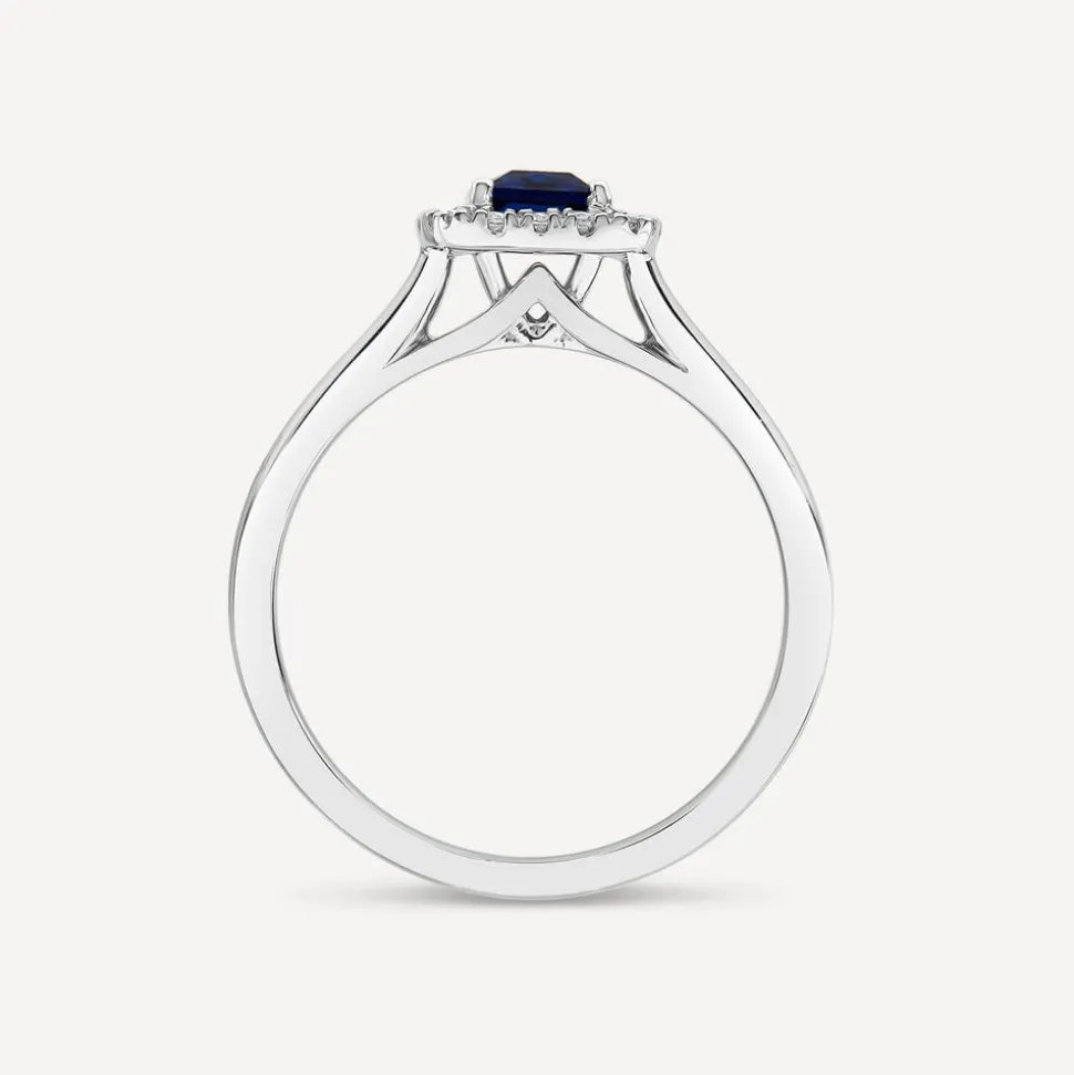 Tulip Setting 18ct White Gold Princess Sapphire & 0.15ct Diamond Halo Ring