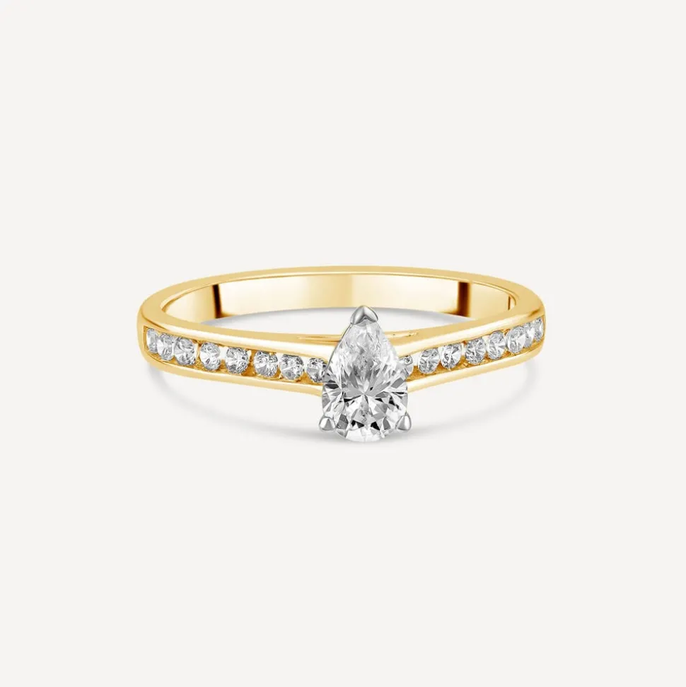 Tulip Setting 18ct Yellow Gold 0.50ct Pear Solitaire & Channel Shoulders Ring