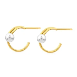 Yellow Gold Plated Sterling Silver Pearl Open Double Hoop Earrings