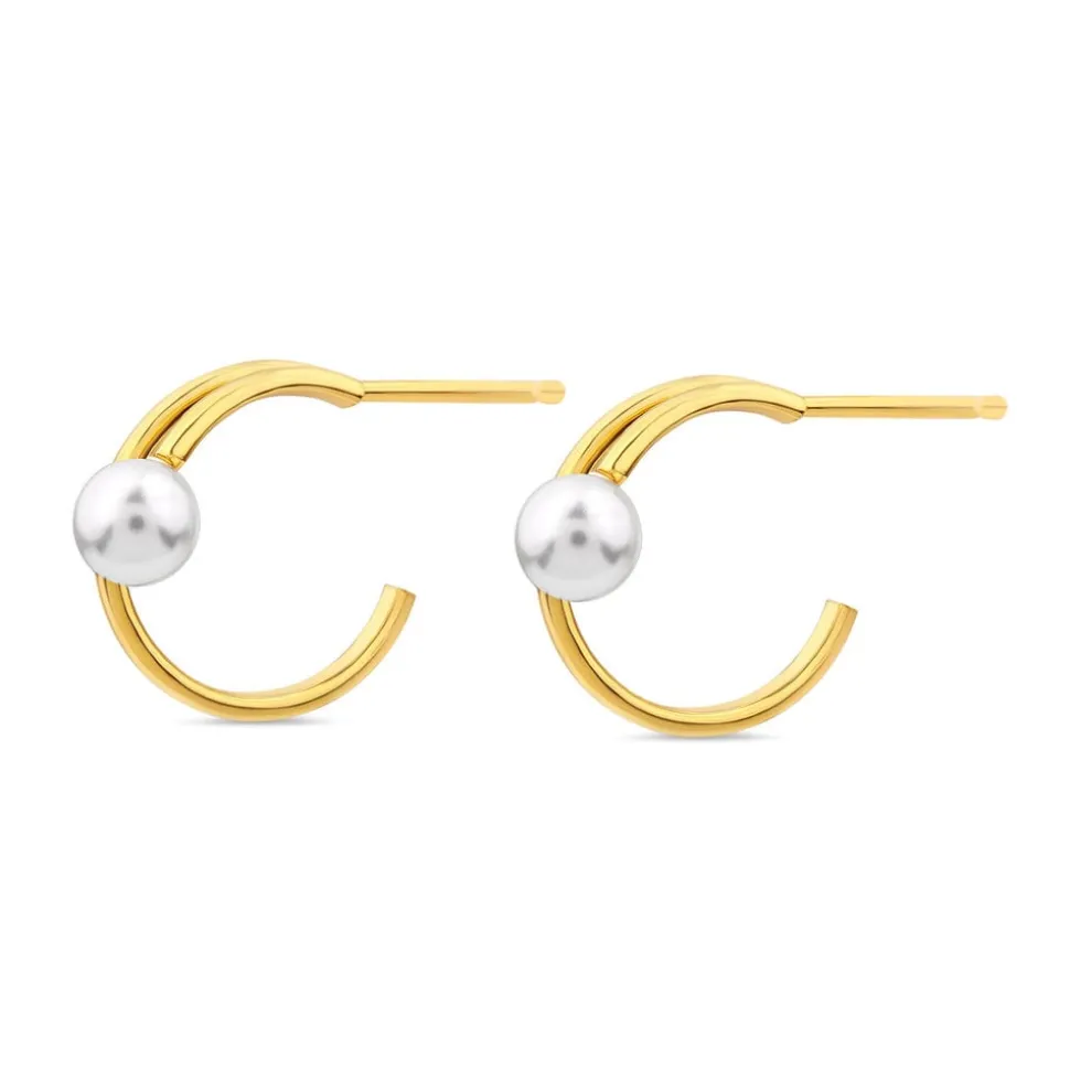 Yellow Gold Plated Sterling Silver Pearl Open Double Hoop Earrings
