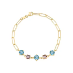 Yellow Gold Plated Sterling Silver Blue & Purple Stones Paperlink Bracelet