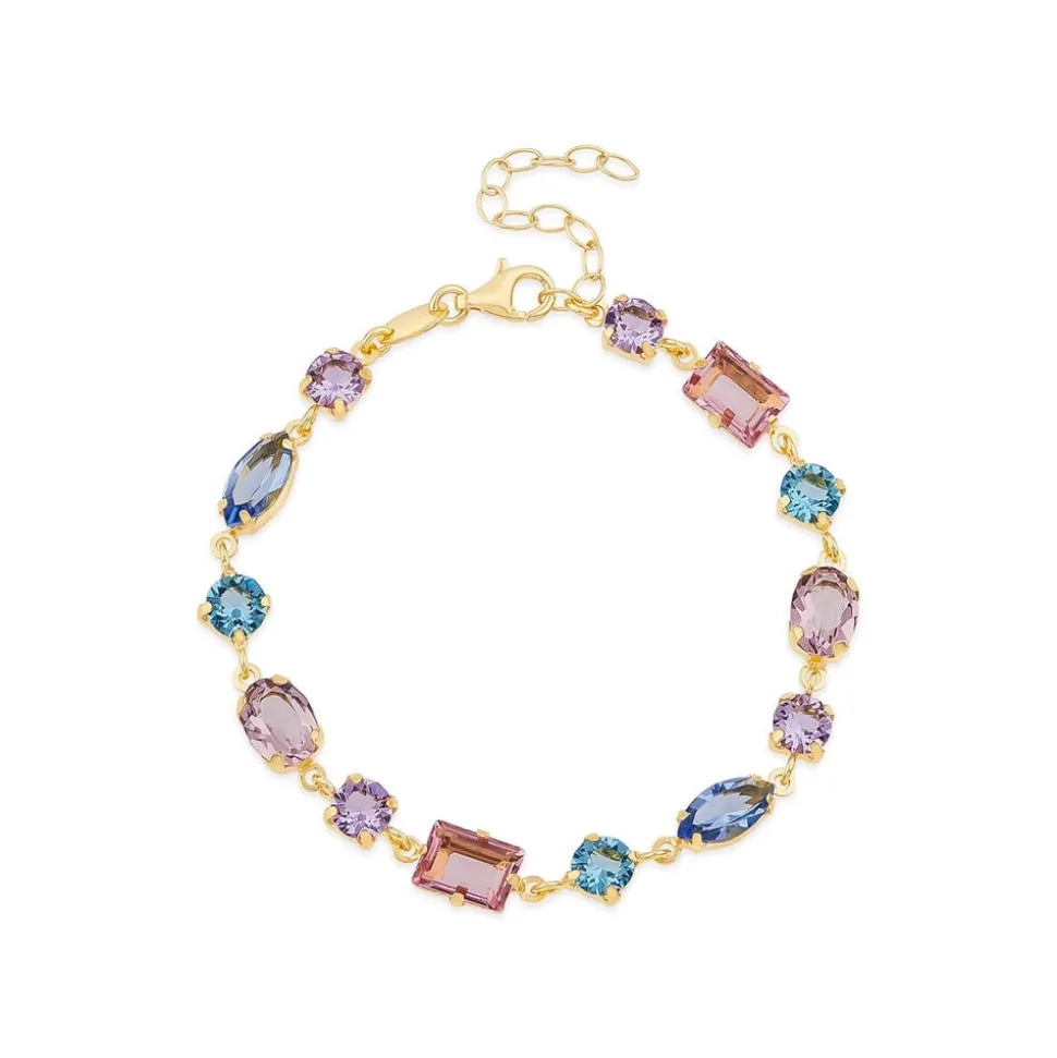 Yellow Gold Plated Sterling Silver Blue & Purple & Pink Multi Shaped Stones Bracelet