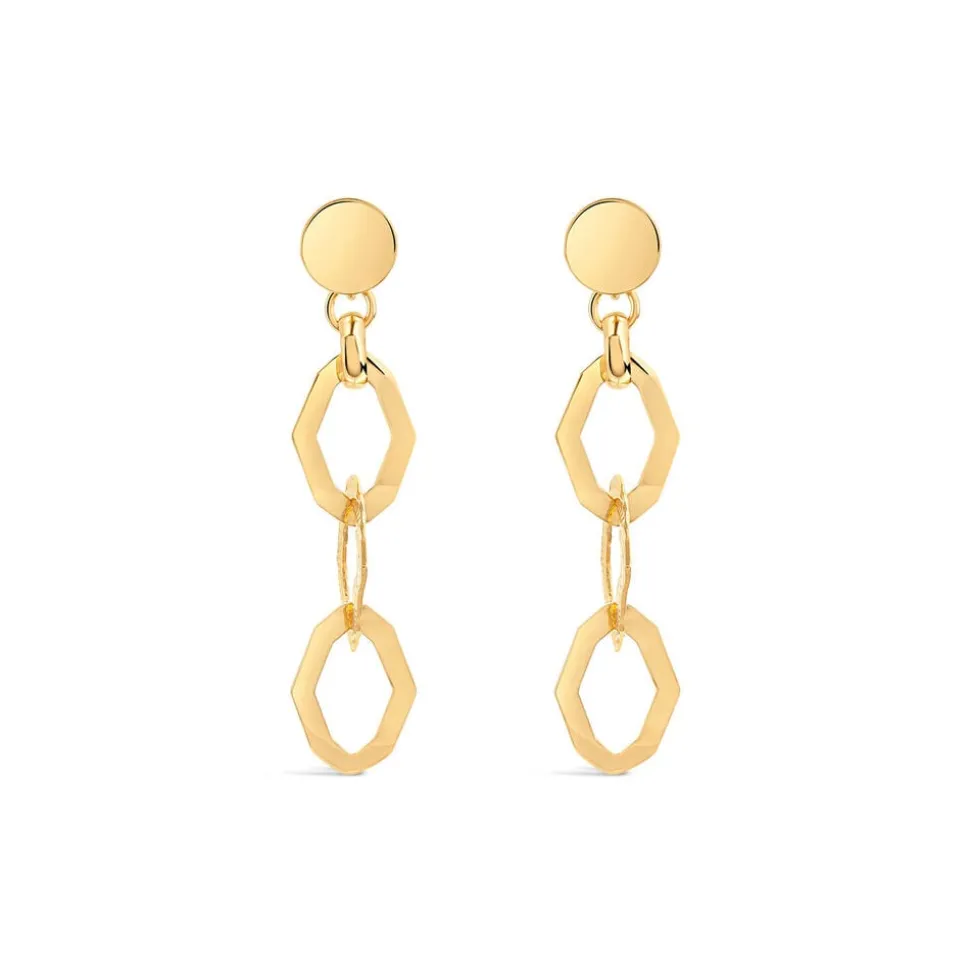 Yellow Gold Plated Sterling Silver Open Oblong Polished & Patterned Hexagons Drop Earrings