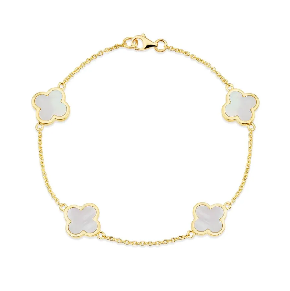 Yellow Gold Plated Sterling Silver Mother of Pearl 4 Clover Petal Bracelet
