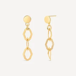 Yellow Gold Plated Sterling Silver Open Oblong Polished & Patterned Hexagons Drop Earrings